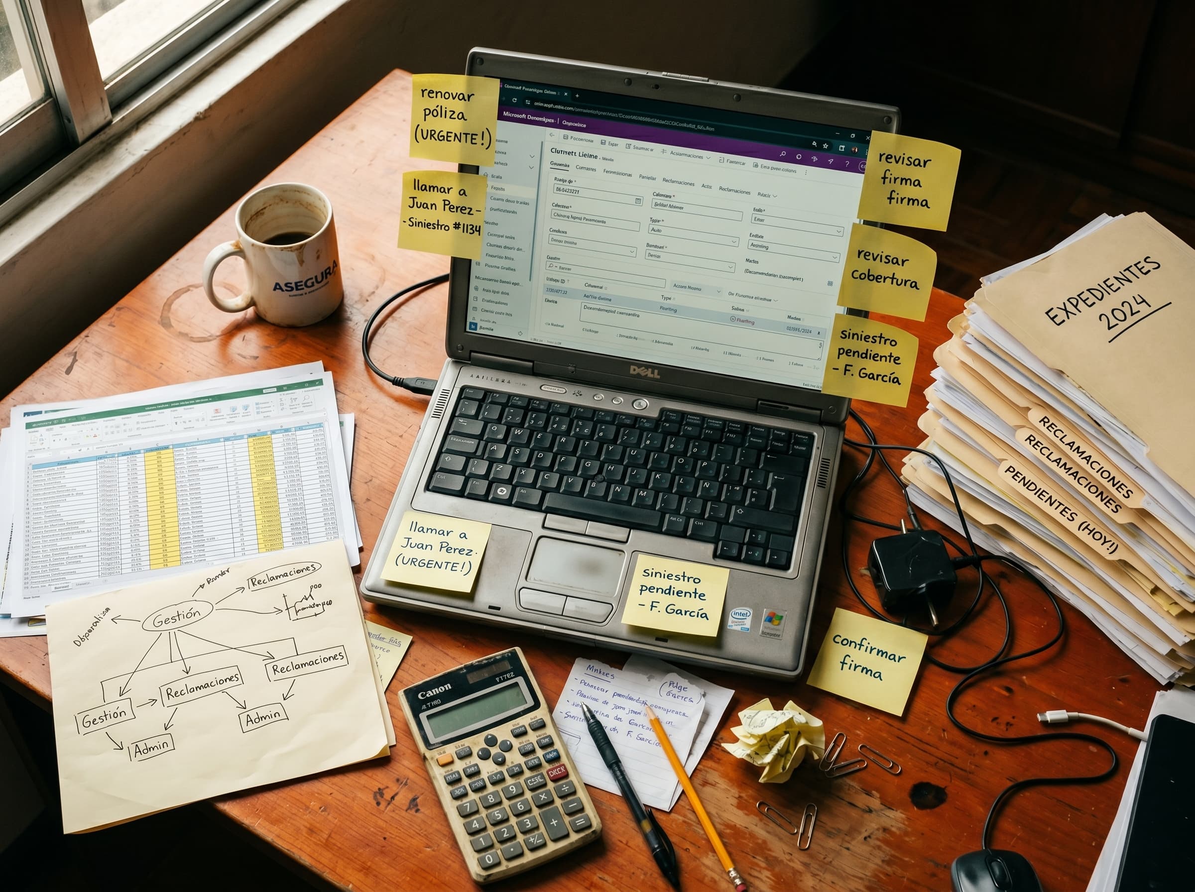 Mesa de trabajo de un agente de seguros con post-its, una hoja Excel impresa, una taza de café y un portátil mostrando una pantalla con muchos campos
